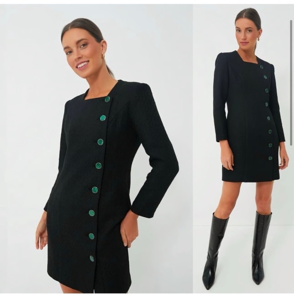 Pomander Place Black Long Tweed Retro Winslet Sleeve Dress with Green Buttons